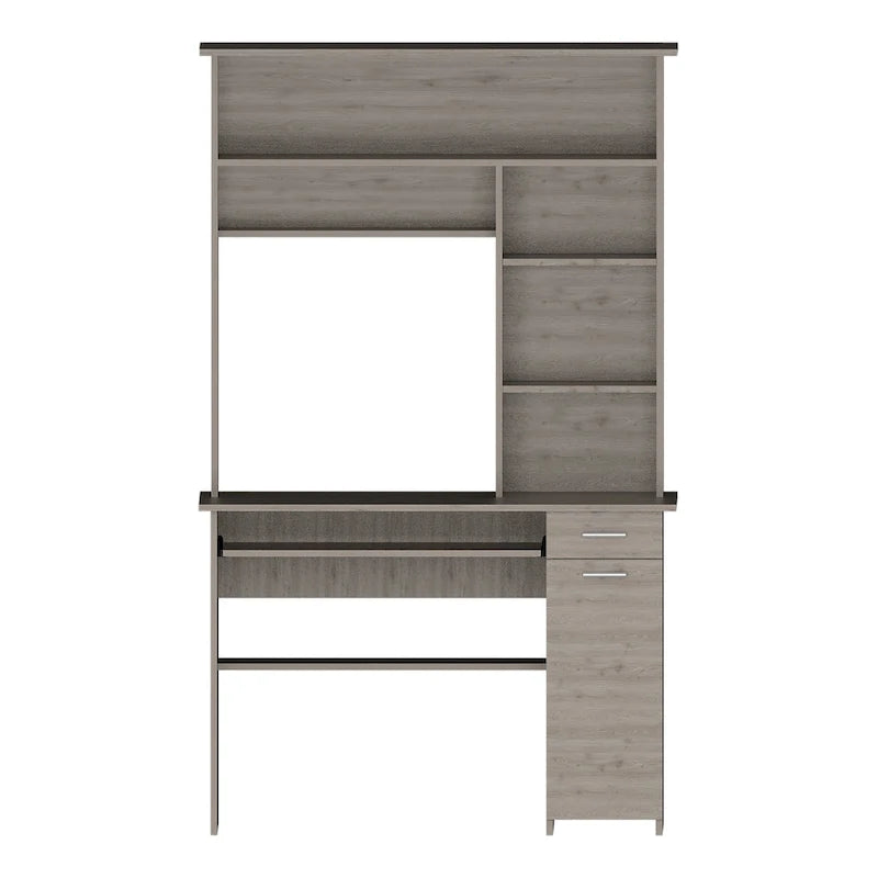 Scrivania con Credenza, 5 Ripiani, Vassoio Tastiera Estraibile, Pannello CPU e Cassetto