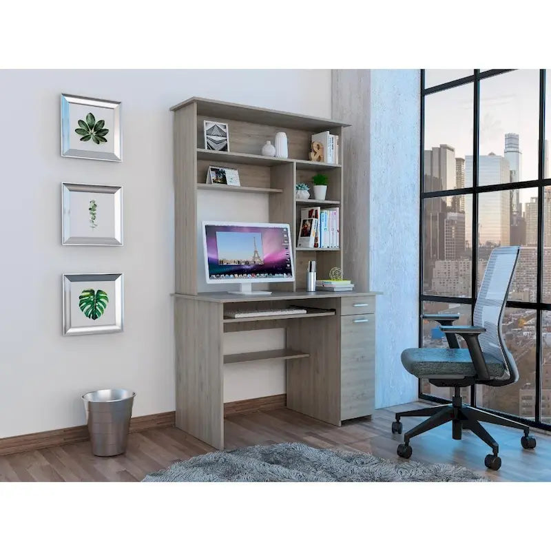 Scrivania con Credenza, 5 Ripiani, Vassoio Tastiera Estraibile, Pannello CPU e Cassetto