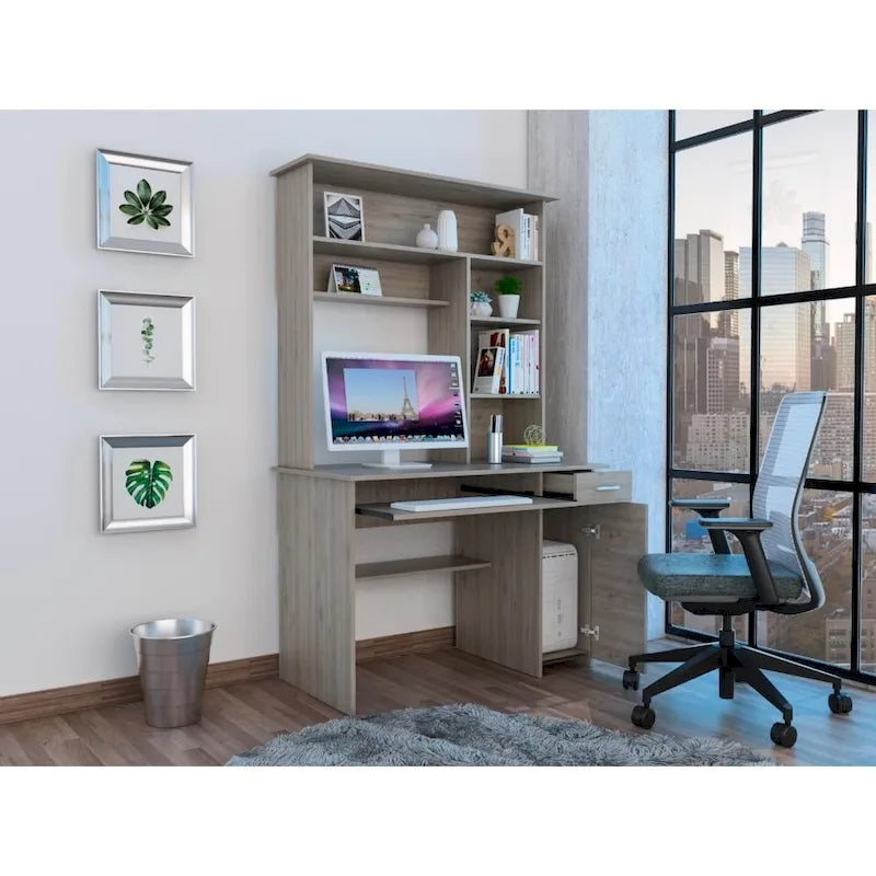 Scrivania con Credenza, 5 Ripiani, Vassoio Tastiera Estraibile, Pannello CPU e Cassetto