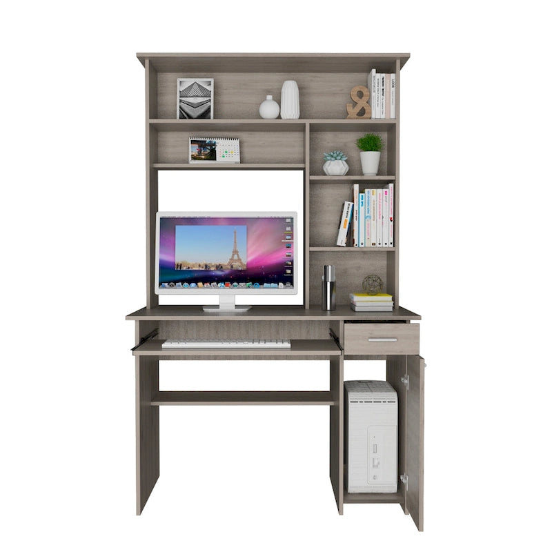 Scrivania con Credenza, 5 Ripiani, Vassoio Tastiera Estraibile, Pannello CPU e Cassetto