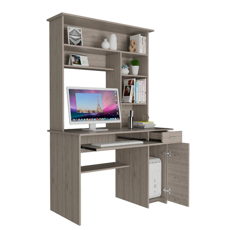 Scrivania con Credenza, 5 Ripiani, Vassoio Tastiera Estraibile, Pannello CPU e Cassetto