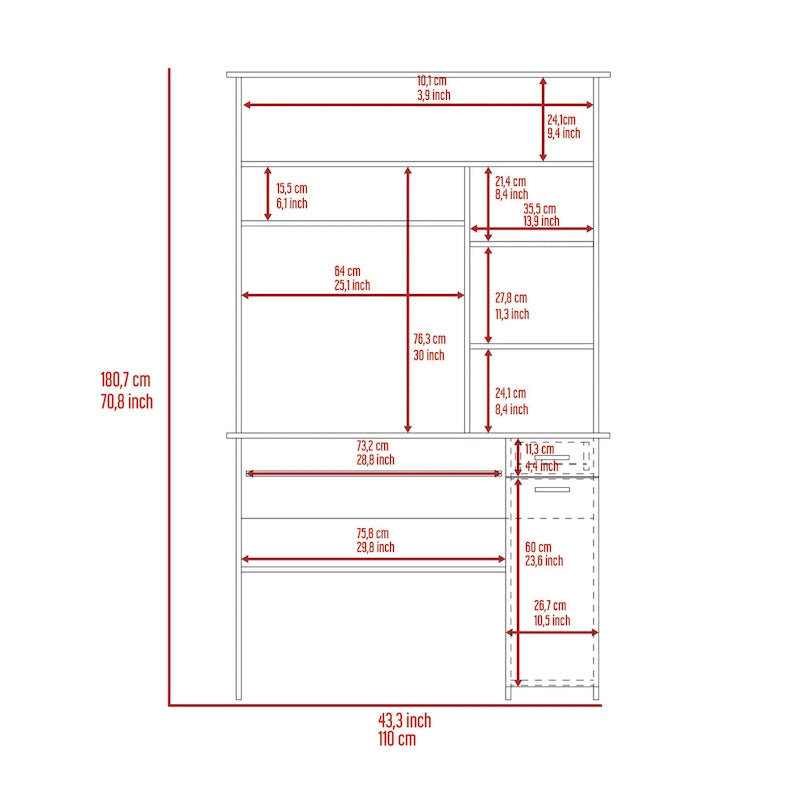 Scrivania con Credenza, 5 Ripiani, Vassoio Tastiera Estraibile, Pannello CPU e Cassetto