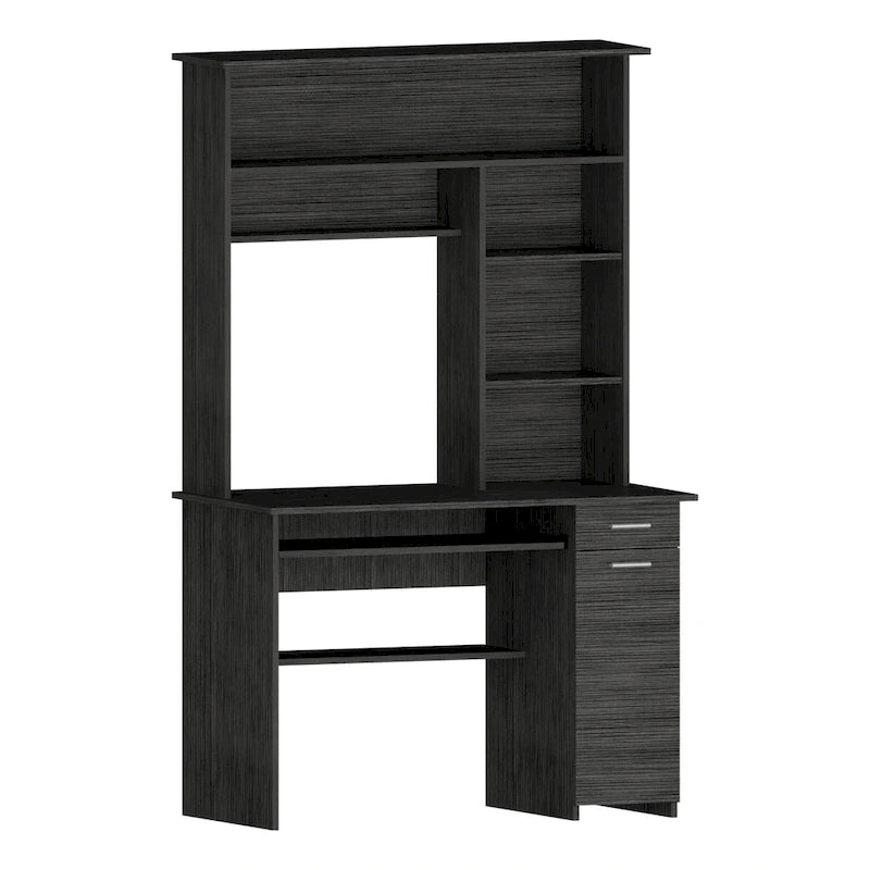 Scrivania con Credenza, 5 Ripiani, Vassoio Tastiera Estraibile, Pannello CPU e Cassetto