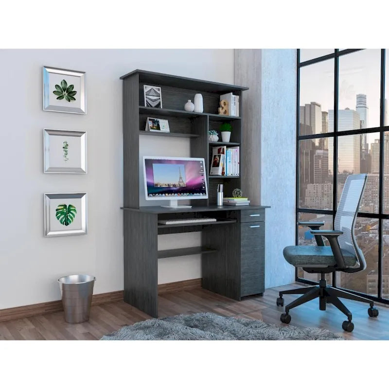 Scrivania con Credenza, 5 Ripiani, Vassoio Tastiera Estraibile, Pannello CPU e Cassetto