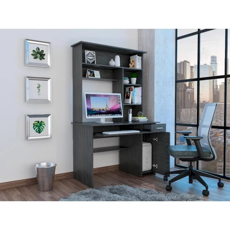 Scrivania con Credenza, 5 Ripiani, Vassoio Tastiera Estraibile, Pannello CPU e Cassetto