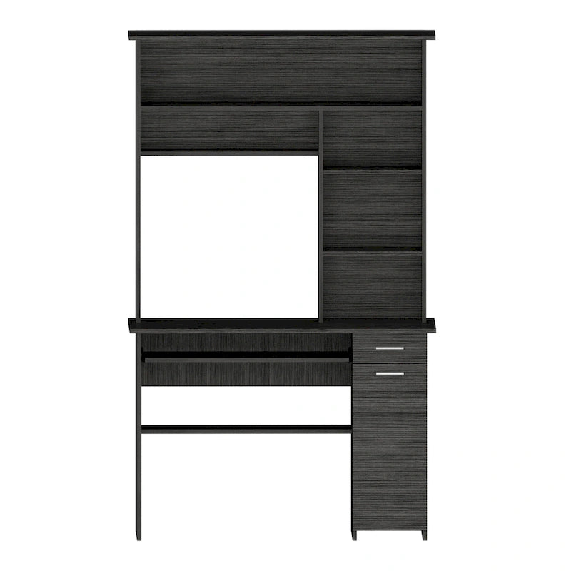 Scrivania con Credenza, 5 Ripiani, Vassoio Tastiera Estraibile, Pannello CPU e Cassetto