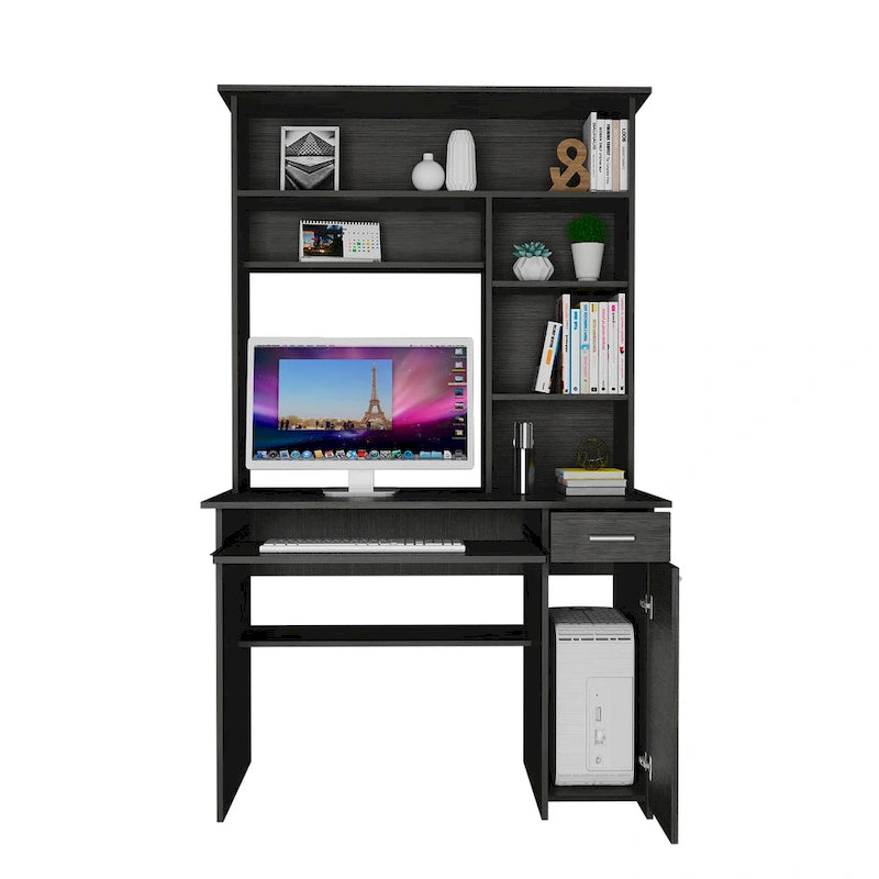 Scrivania con Credenza, 5 Ripiani, Vassoio Tastiera Estraibile, Pannello CPU e Cassetto