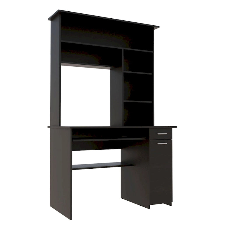 Scrivania con Credenza, 5 Ripiani, Vassoio Tastiera Estraibile, Pannello CPU e Cassetto