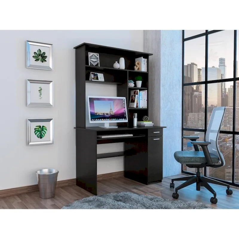 Scrivania con Credenza, 5 Ripiani, Vassoio Tastiera Estraibile, Pannello CPU e Cassetto