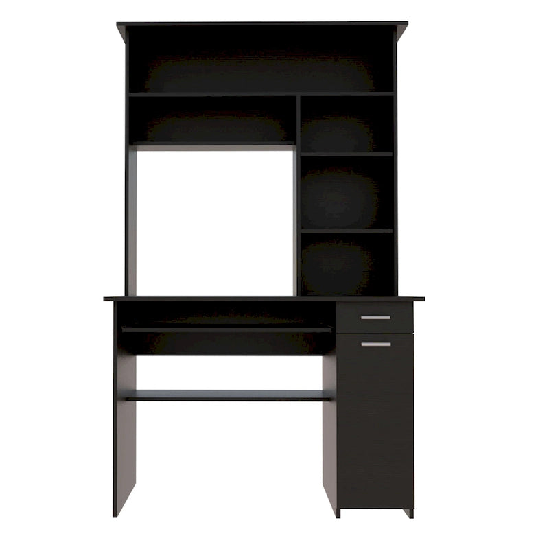 Scrivania con Credenza, 5 Ripiani, Vassoio Tastiera Estraibile, Pannello CPU e Cassetto