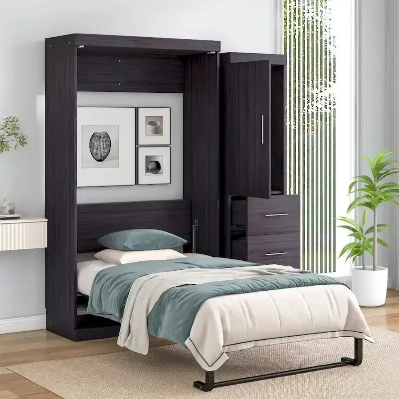 Letto Murphy Matrimoniale con Armadio e Cassetti, Letto Contenitore, Pieghevole a Scomparsa, Grigio