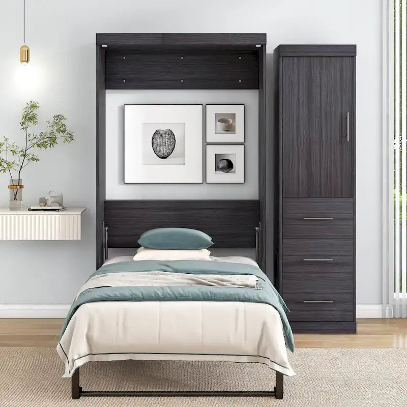 Letto Murphy Matrimoniale con Armadio e Cassetti, Letto Contenitore, Pieghevole a Scomparsa, Grigio