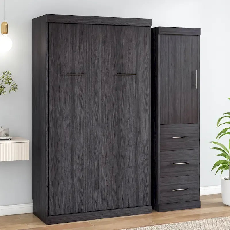 Letto Murphy Matrimoniale con Armadio e Cassetti, Letto Contenitore, Pieghevole a Scomparsa, Grigio