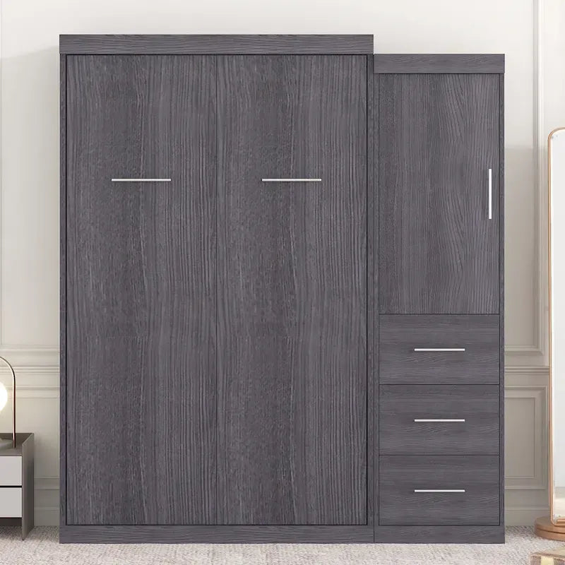 Letto Murphy Matrimoniale con Armadio e Cassetti, Letto Contenitore, Pieghevole a Scomparsa, Grigio