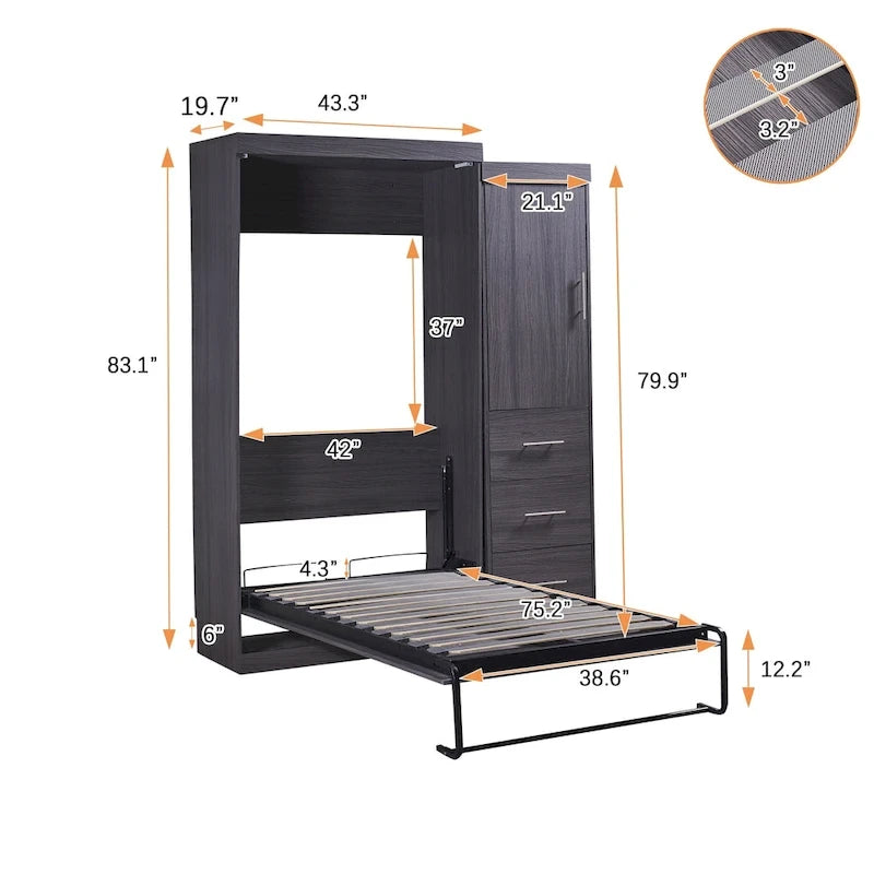 Letto Murphy Matrimoniale con Armadio e Cassetti, Letto Contenitore, Pieghevole a Scomparsa, Grigio