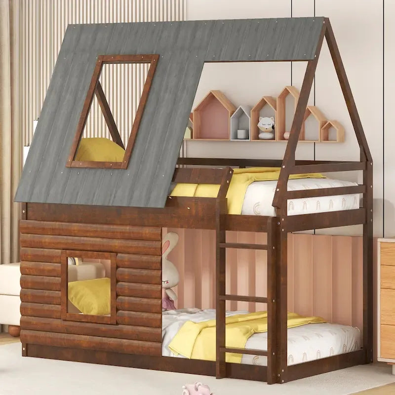 Letto a castello in legno a forma di casetta, una piazza e mezza, con tetto, scala e 2 finestre, rovere e grigio fumo