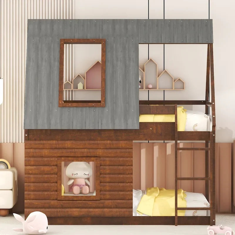 Letto a castello in legno a forma di casetta, una piazza e mezza, con tetto, scala e 2 finestre, rovere e grigio fumo