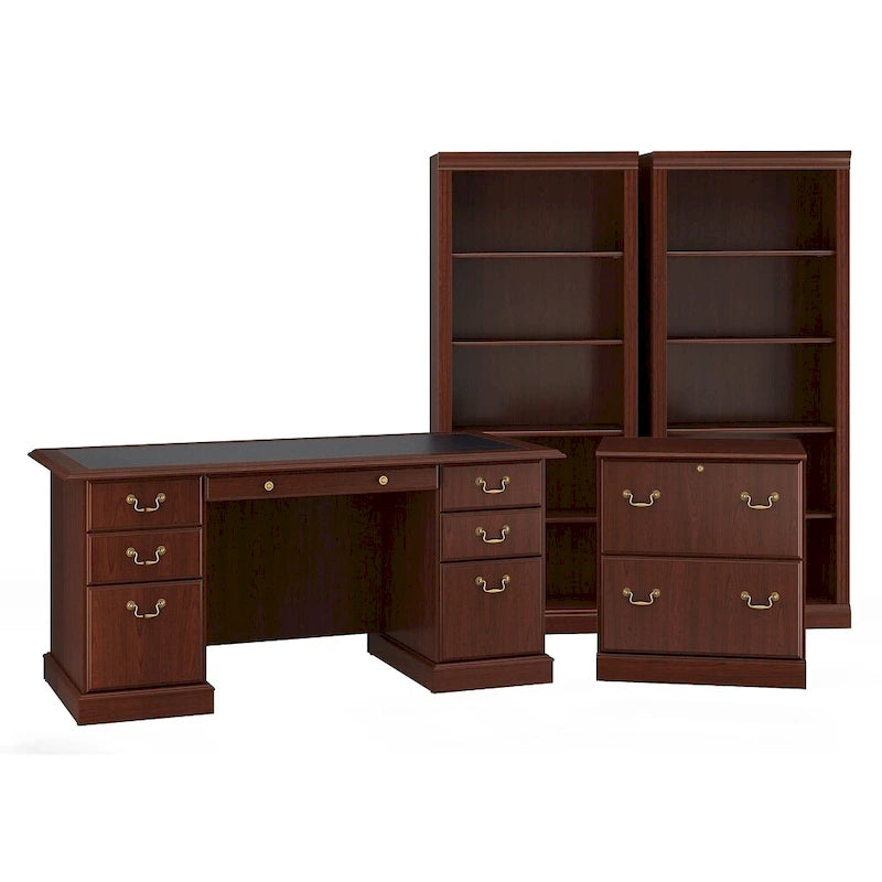 Scrivania direzionale Saratoga, schedario alto e due librerie a 5 ripiani in Harvest Cherry