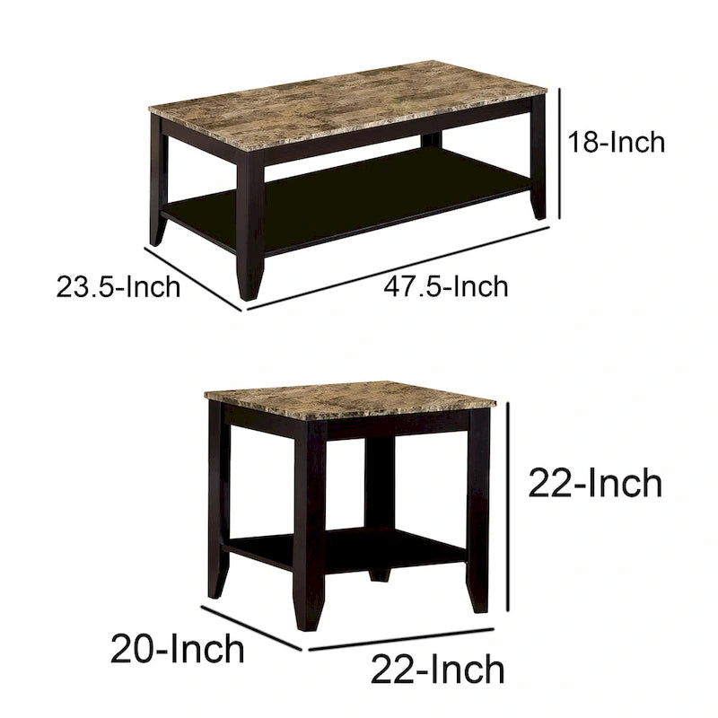Set di 3 tavolini occasionali artistici con piano in marmo, Marrone