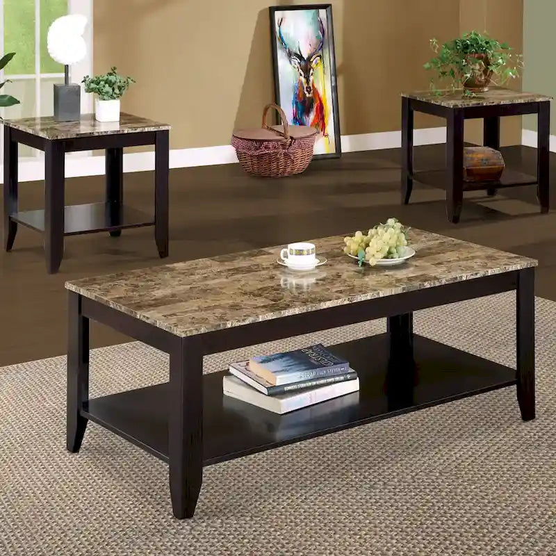 Set di 3 tavolini occasionali artistici con piano in marmo, Marrone