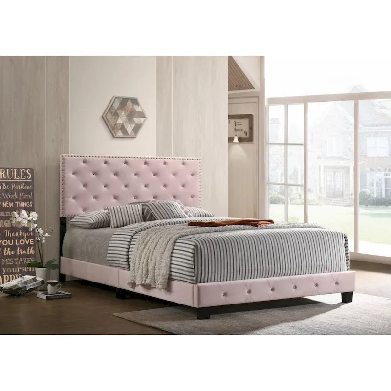 Letto a piattaforma in velluto rosa con borchie, Queen Size