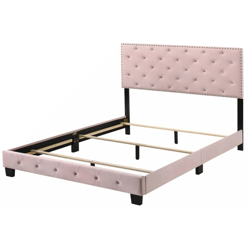 Letto a piattaforma in velluto rosa con borchie, Queen Size