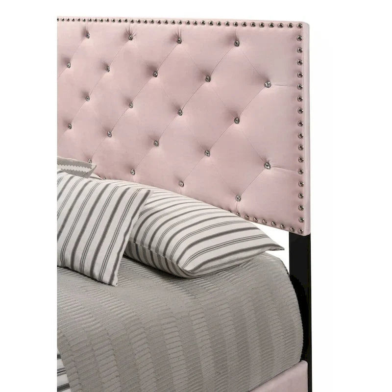 Letto a piattaforma in velluto rosa con borchie, Queen Size
