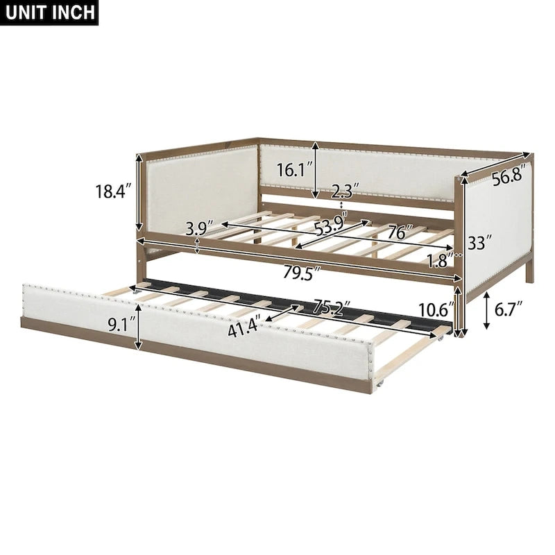 Letto a una piazza e mezza imbottito con letto estraibile e decorazione con borchie