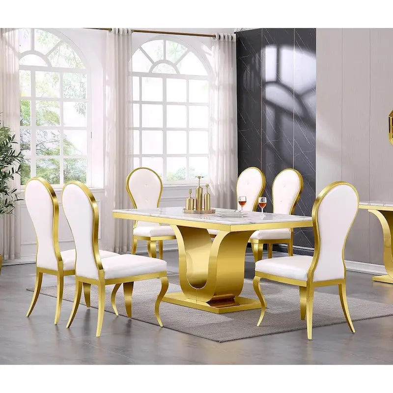 Sedie da pranzo moderne di lusso in pelle bianca con gambe in acciaio inossidabile lucidato color oro