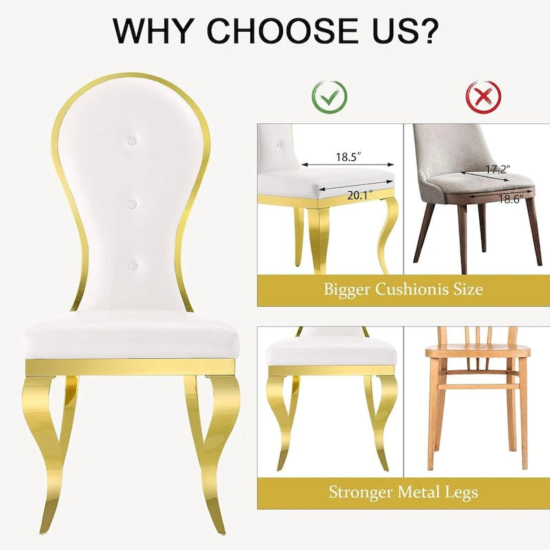 Sedie da pranzo moderne di lusso in pelle bianca con gambe in acciaio inossidabile lucidato color oro