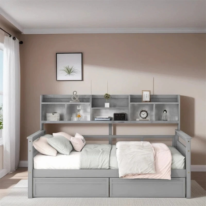 Divano Letto in Legno a Grandezza Naturale con Mensola Laterale e Due Cassetti
