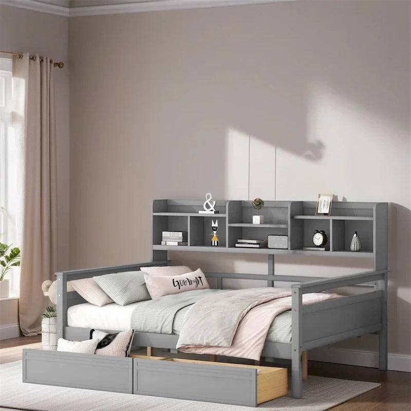 Divano Letto in Legno a Grandezza Naturale con Mensola Laterale e Due Cassetti