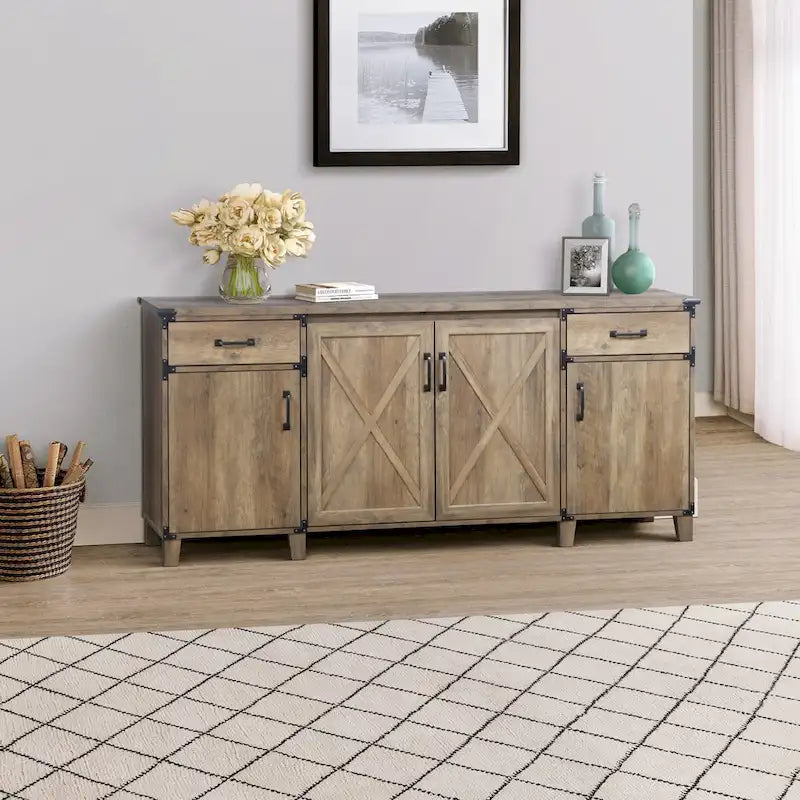  Farmhouse Rustic Oak Four-Door Credenza File Cabinet - 64.7W x 15.8D x 29.7H