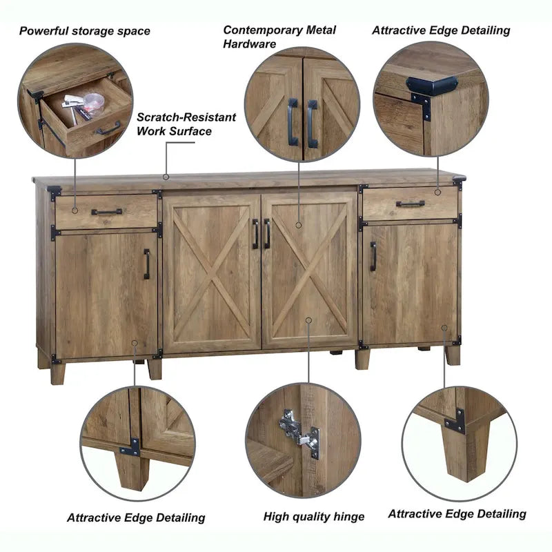 Mobile Credenza Classico da Fattoria in Rovere con Quattro Ante e Vano Porta Documenti - 64,7L x 15,8P x 29,7A