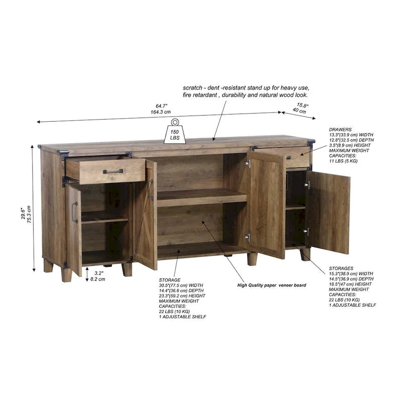 Mobile Credenza Classico da Fattoria in Rovere con Quattro Ante e Vano Porta Documenti - 64,7L x 15,8P x 29,7A