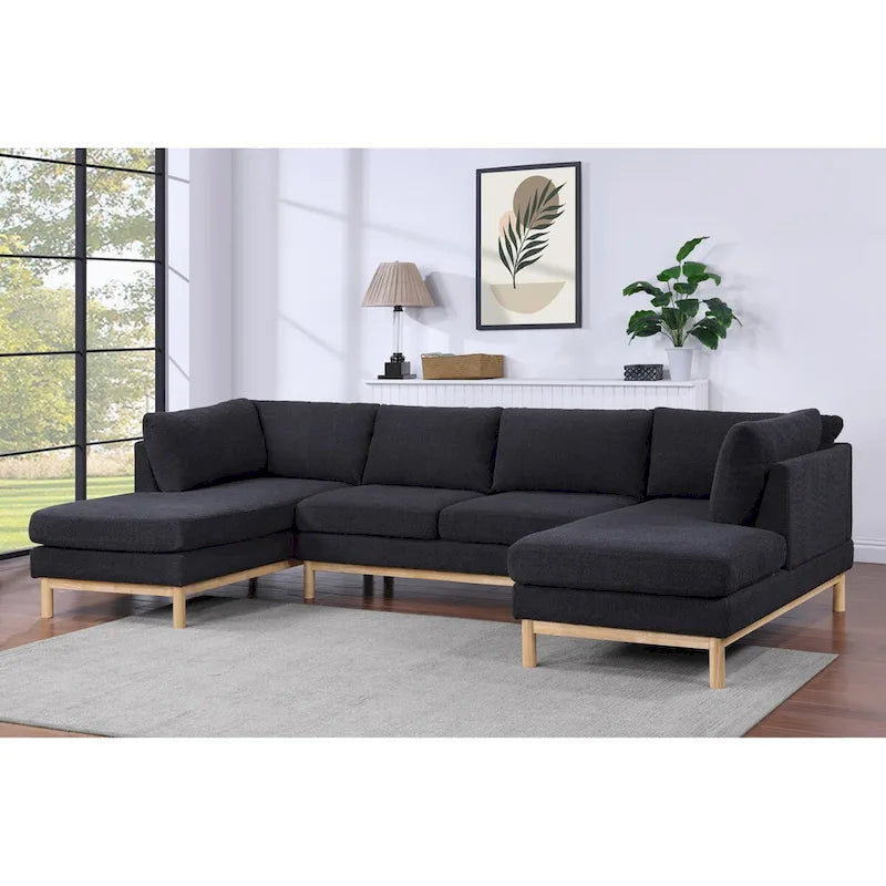 Divano componibile a U in sherpa nero da 315 cm con doppia chaise longue larga - 315L x 161P x 85H cm