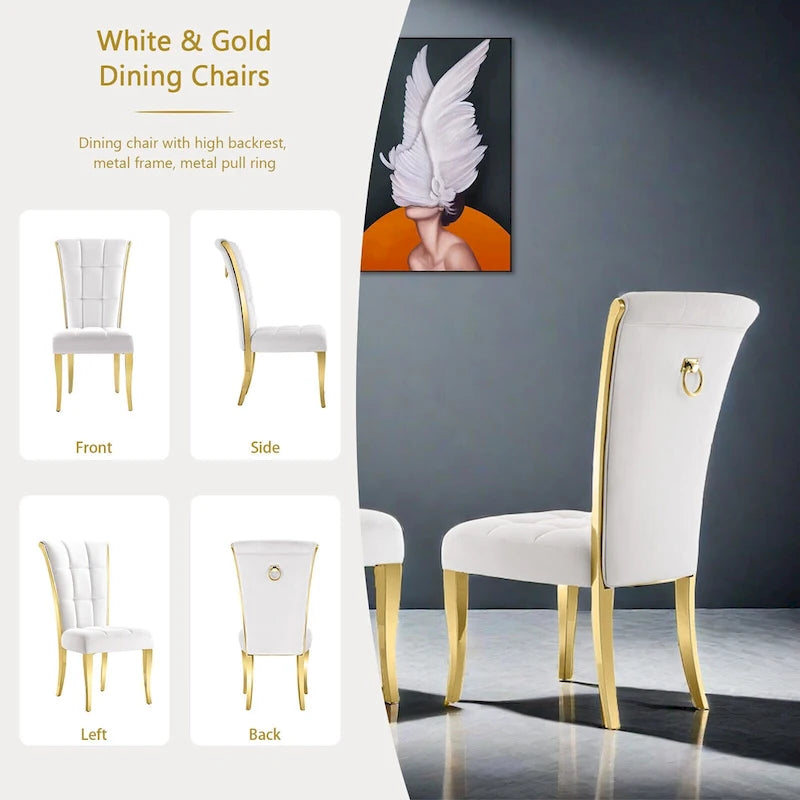 Sedie da pranzo di lusso in velluto bianco con anello sul retro e gambe in oro lucido