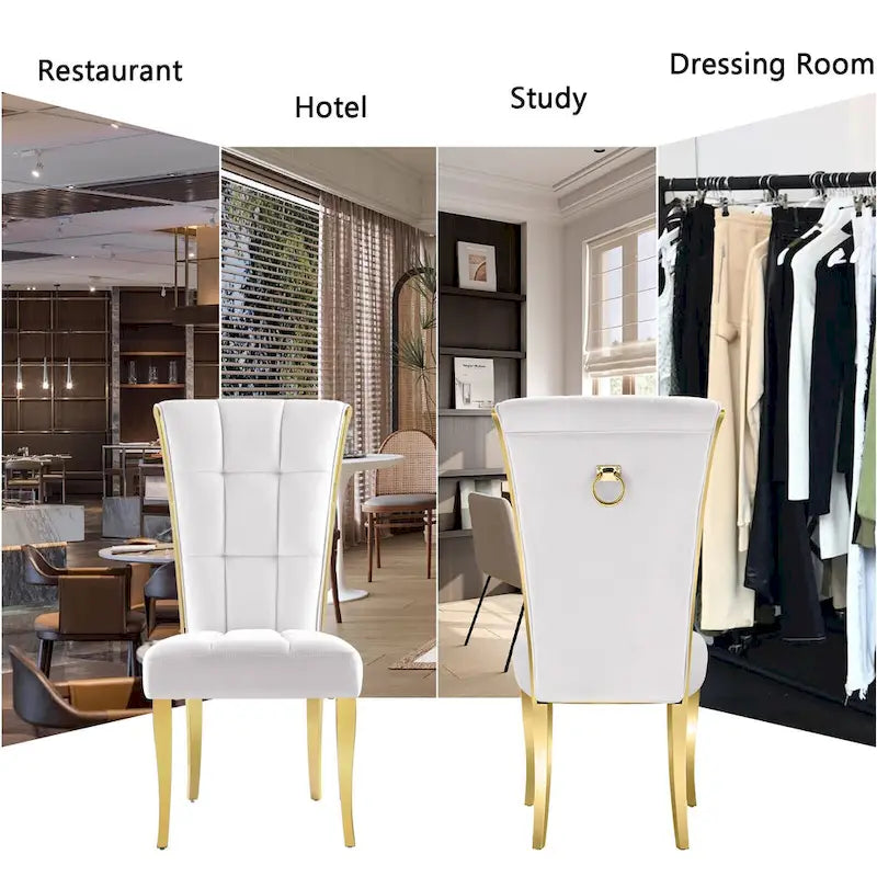 Sedie da pranzo di lusso in velluto bianco con anello sul retro e gambe in oro lucido
