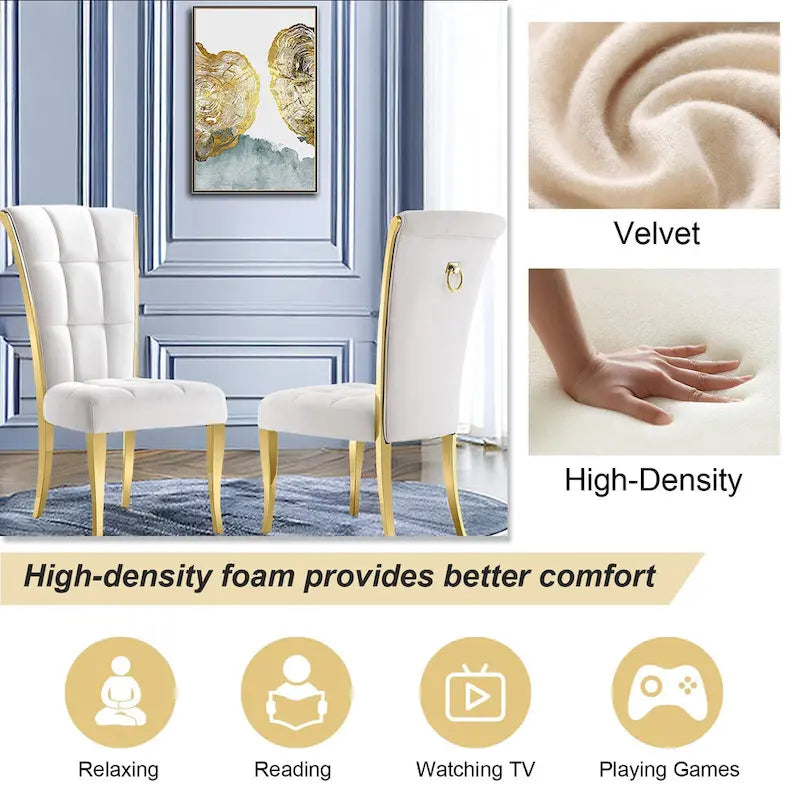 Sedie da pranzo di lusso in velluto bianco con anello sul retro e gambe in oro lucido