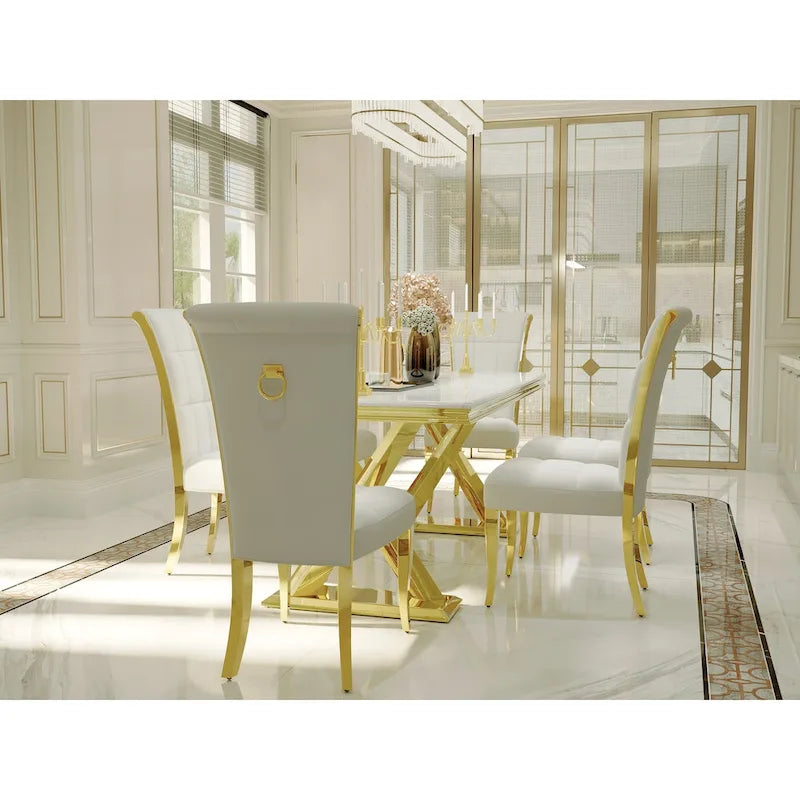 Sedie da pranzo di lusso in velluto bianco con anello sul retro e gambe in oro lucido