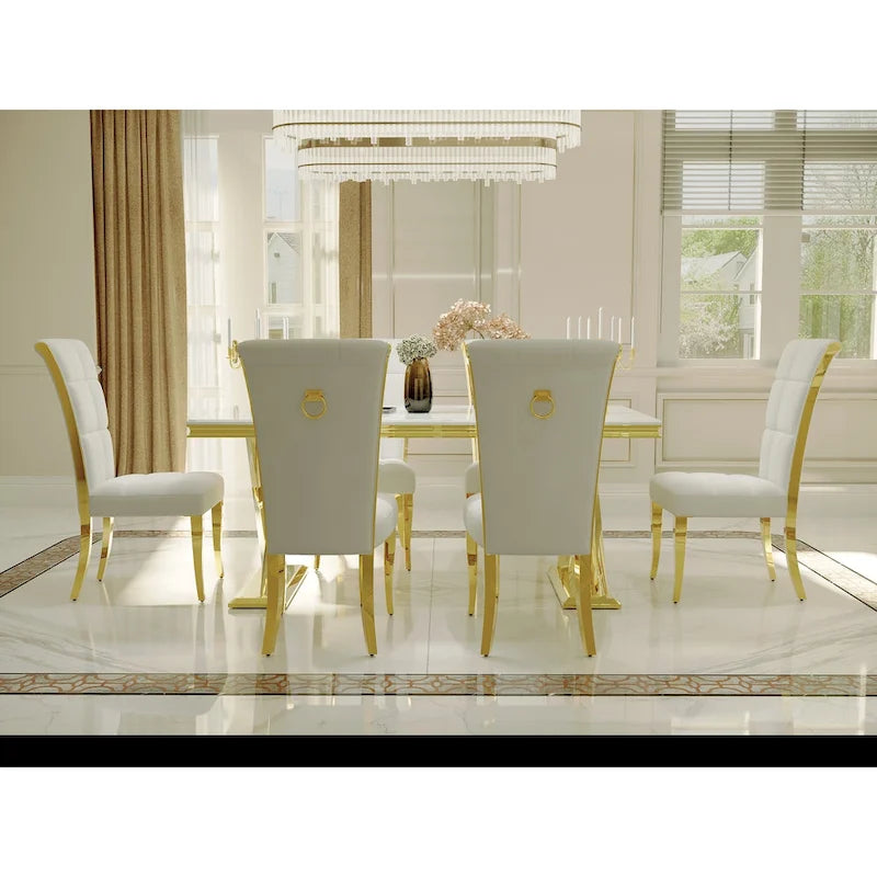 Sedie da pranzo di lusso in velluto bianco con anello sul retro e gambe in oro lucido
