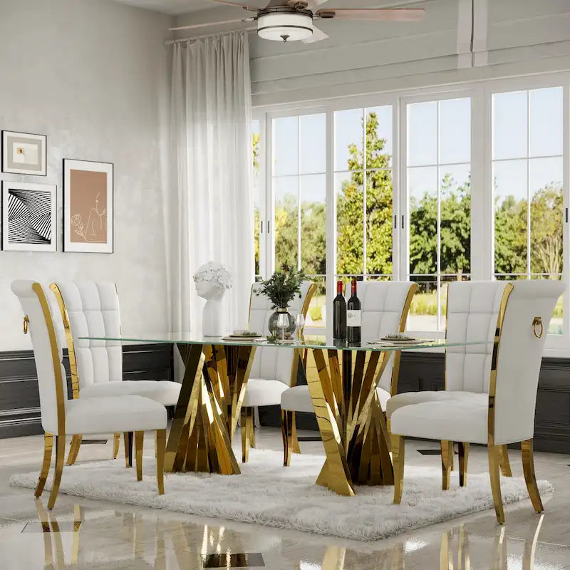 Sedie da pranzo di lusso in velluto bianco con anello sul retro e gambe in oro lucido