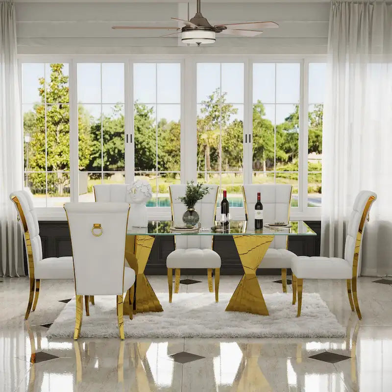 Sedie da pranzo di lusso in velluto bianco con anello sul retro e gambe in oro lucido