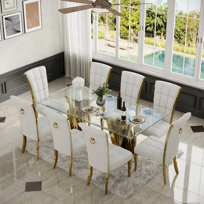 Sedie da pranzo di lusso in velluto bianco con anello sul retro e gambe in oro lucido