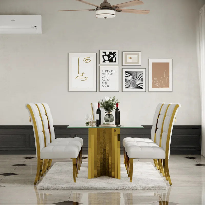 Sedie da pranzo di lusso in velluto bianco con anello sul retro e gambe in oro lucido