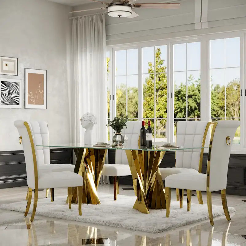 Sedie da pranzo di lusso in velluto bianco con anello sul retro e gambe in oro lucido