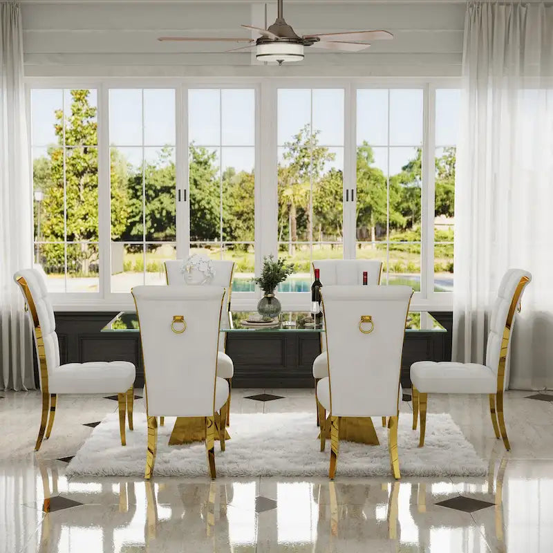 Sedie da pranzo di lusso in velluto bianco con anello sul retro e gambe in oro lucido