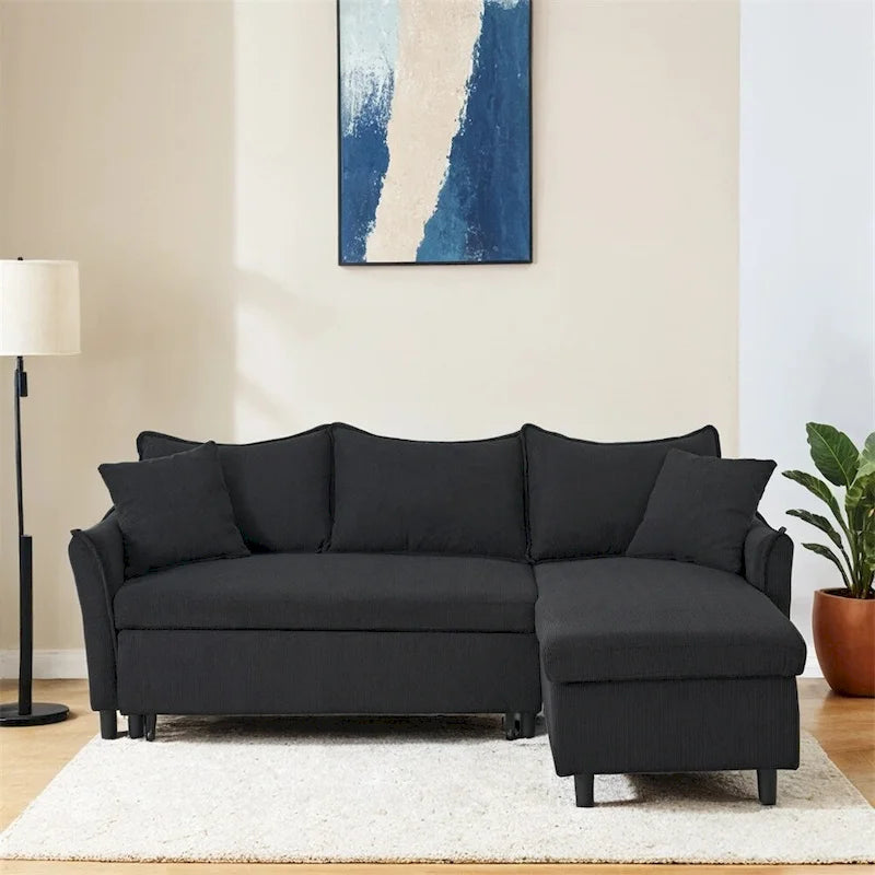 Divano a L in velluto a coste 80 con due piccoli cuscini decorativi