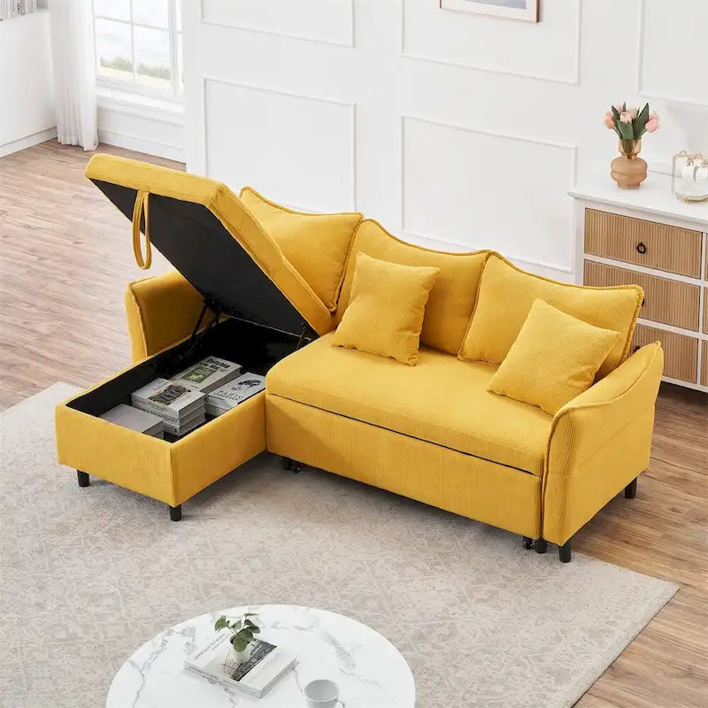 Divano a L in velluto a coste 80 con due piccoli cuscini decorativi