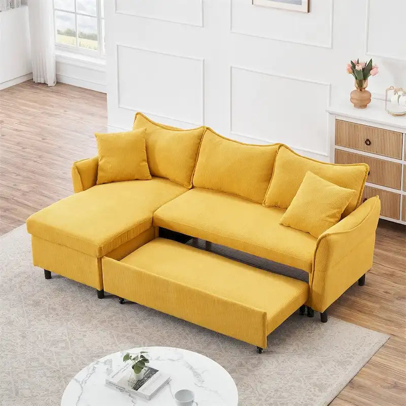 Divano a L in velluto a coste 80 con due piccoli cuscini decorativi